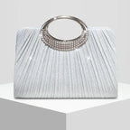 【Pleated Sparkle Evening Bag】 Metal Ring Handle, Magnetic Snap Closure, Horizontal Square Polyester Clutch, Essential Elegant Accessory for Weddings & Parties./BLACK