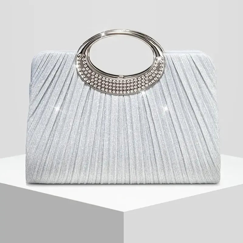 【Pleated Sparkle Evening Bag】 Metal Ring Handle, Magnetic Snap Closure, Horizontal Square Polyester Clutch, Essential Elegant Accessory for Weddings & Parties./BLACK