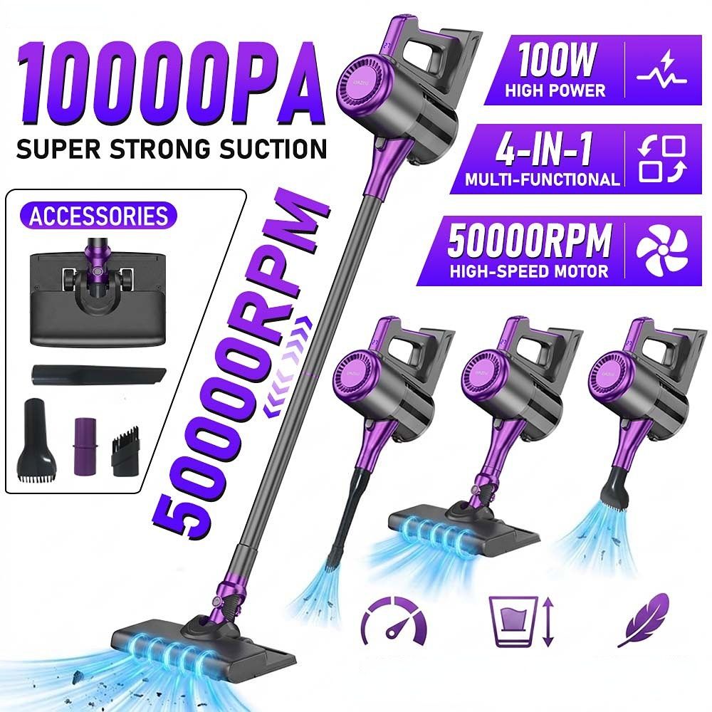 4-in-1 cordless vacuum cleaner, 50000RPM motor, 10000Pa suction, 180° rotating brush head, dual speed settings, lightweight and convenient./white