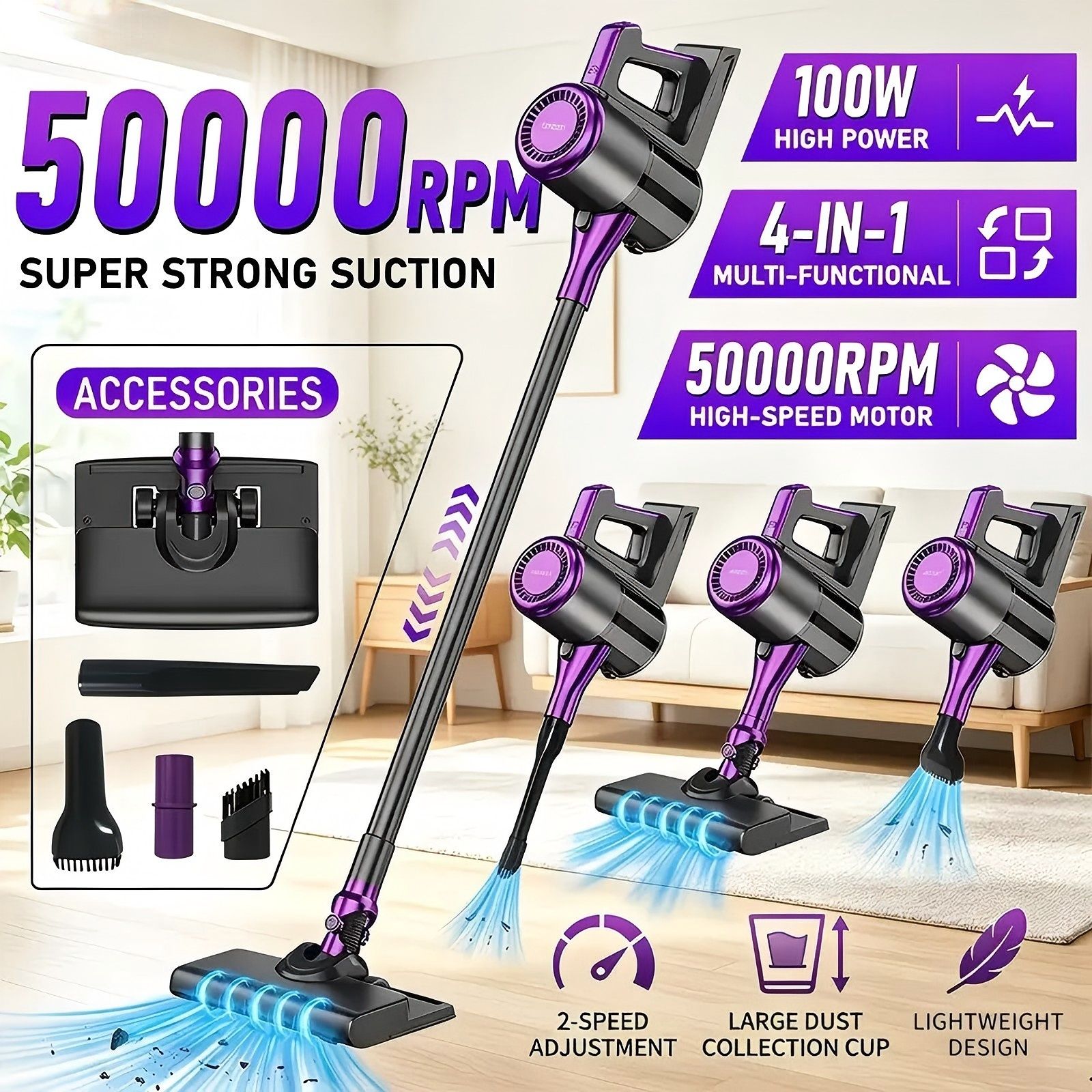 4-in-1 cordless vacuum cleaner, 50000RPM motor, 10000Pa suction, 180° rotating brush head, dual speed settings, lightweight and convenient./white