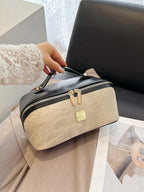 【PU Color-Block Cosmetic Bag】 Leather Handle Metal Zipper, Color-Block Simple Partition, Main Compartment Stores Cosmetics & Toiletries, Lightweight & Versatile for Commuting & Travel./BLACK