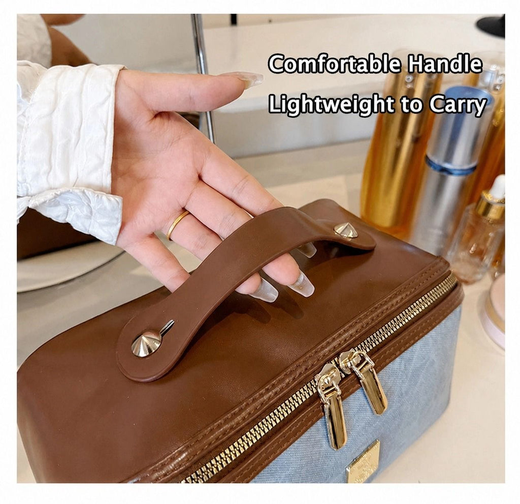 【PU Color-Block Cosmetic Bag】 Leather Handle Metal Zipper, Color-Block Simple Partition, Main Compartment Stores Cosmetics & Toiletries, Lightweight & Versatile for Commuting & Travel./brown