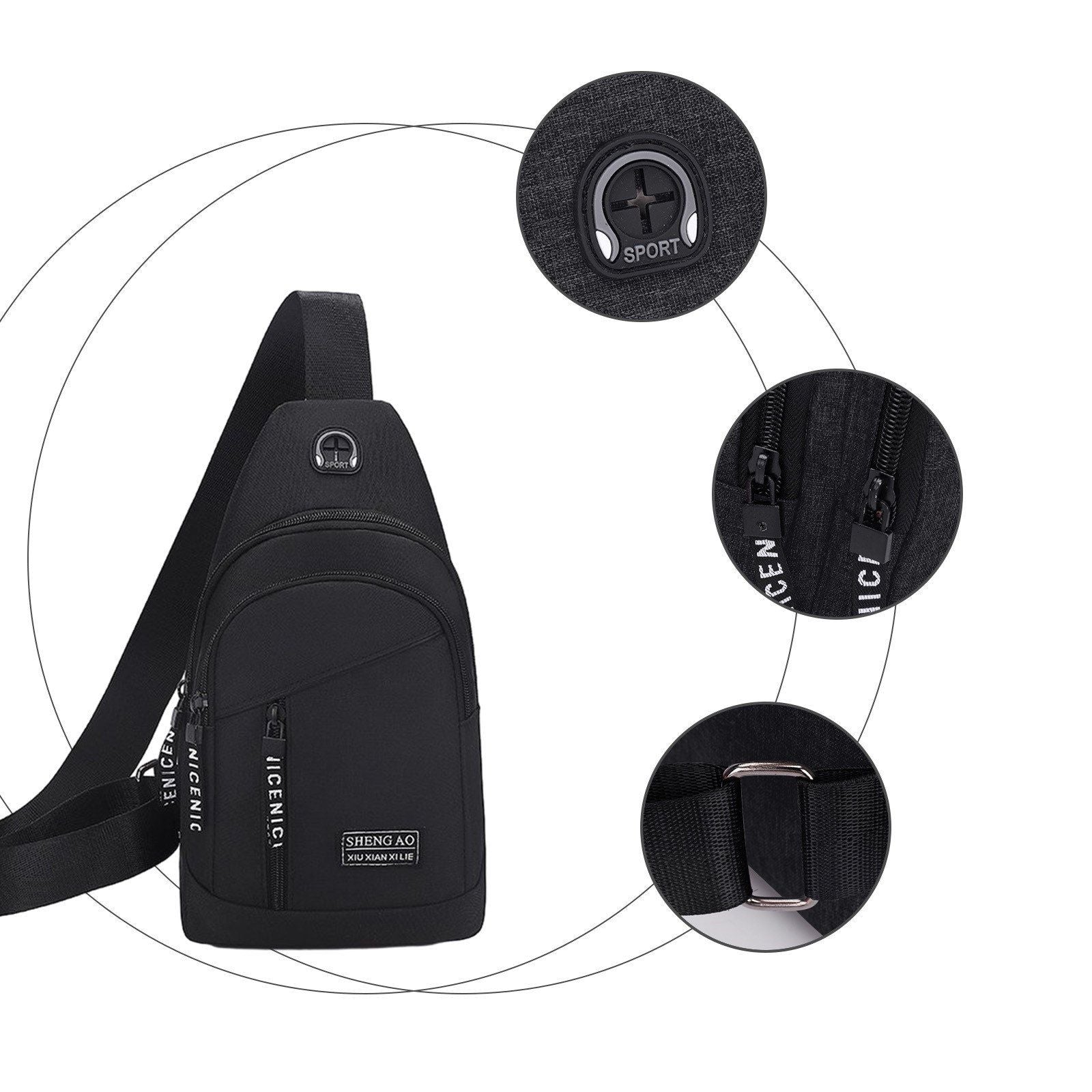 Waterproof Crossbody Sling Bag for Women and Men, Black Small Chest Backpack for Hiking Travel Camping