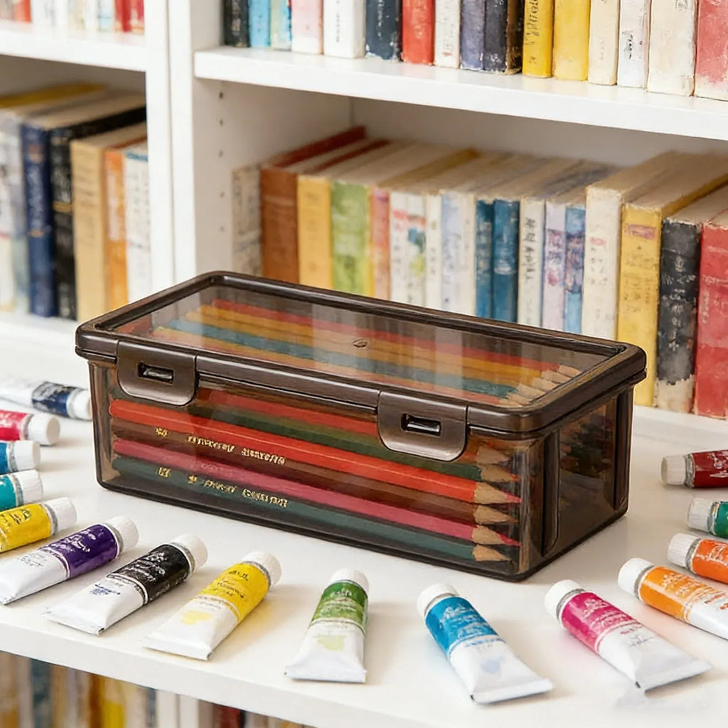 Large Clear Pencil Case With Snap Tight Lid, Plastic Crayon Marker Box for Art Craft Storage