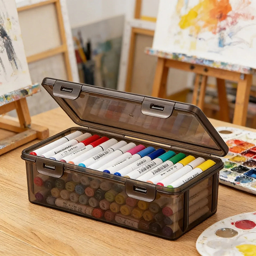 Large Clear Pencil Case With Snap Tight Lid, Plastic Crayon Marker Box for Art Craft Storage
