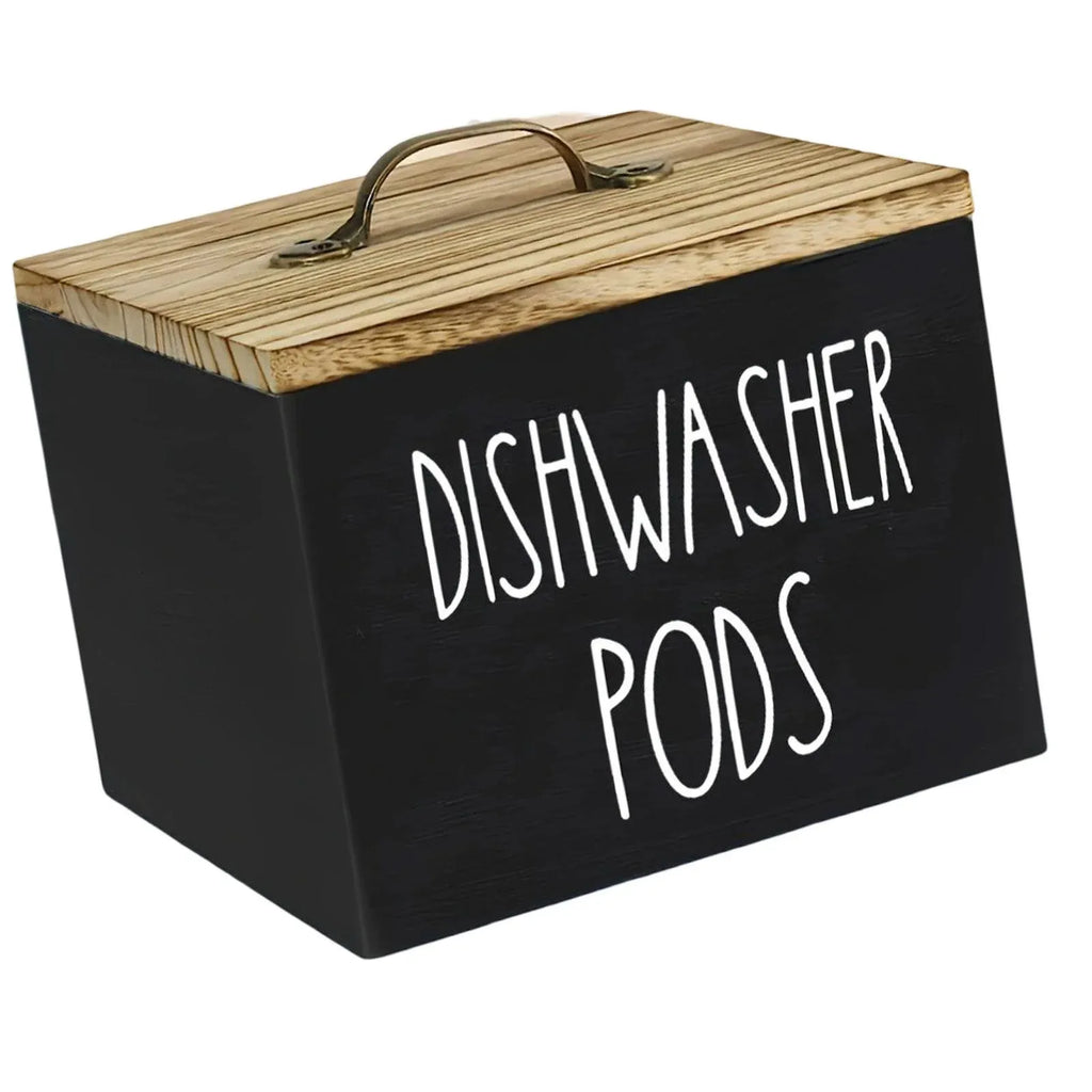 Black Wooden Dishwasher Pod Storage Container With Lid, Farmhouse Countertop Organizer