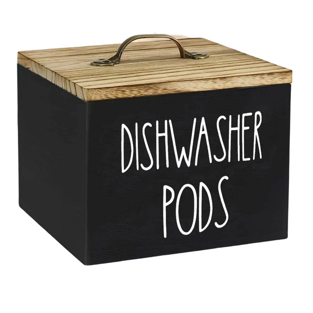 Black Wooden Dishwasher Pod Storage Container With Lid, Farmhouse Countertop Organizer