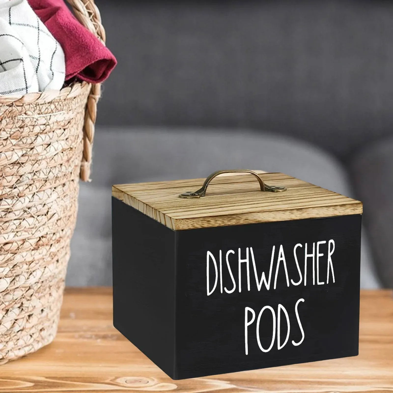 Black Wooden Dishwasher Pod Storage Container With Lid, Farmhouse Countertop Organizer