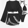 4 Piece Black Womens Bikini Swimsuit Set, Solid Bandage Push Up Padded Beachwear, Size S