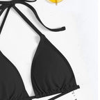4 Piece Black Womens Bikini Swimsuit Set, Solid Bandage Push Up Padded Beachwear, Size S