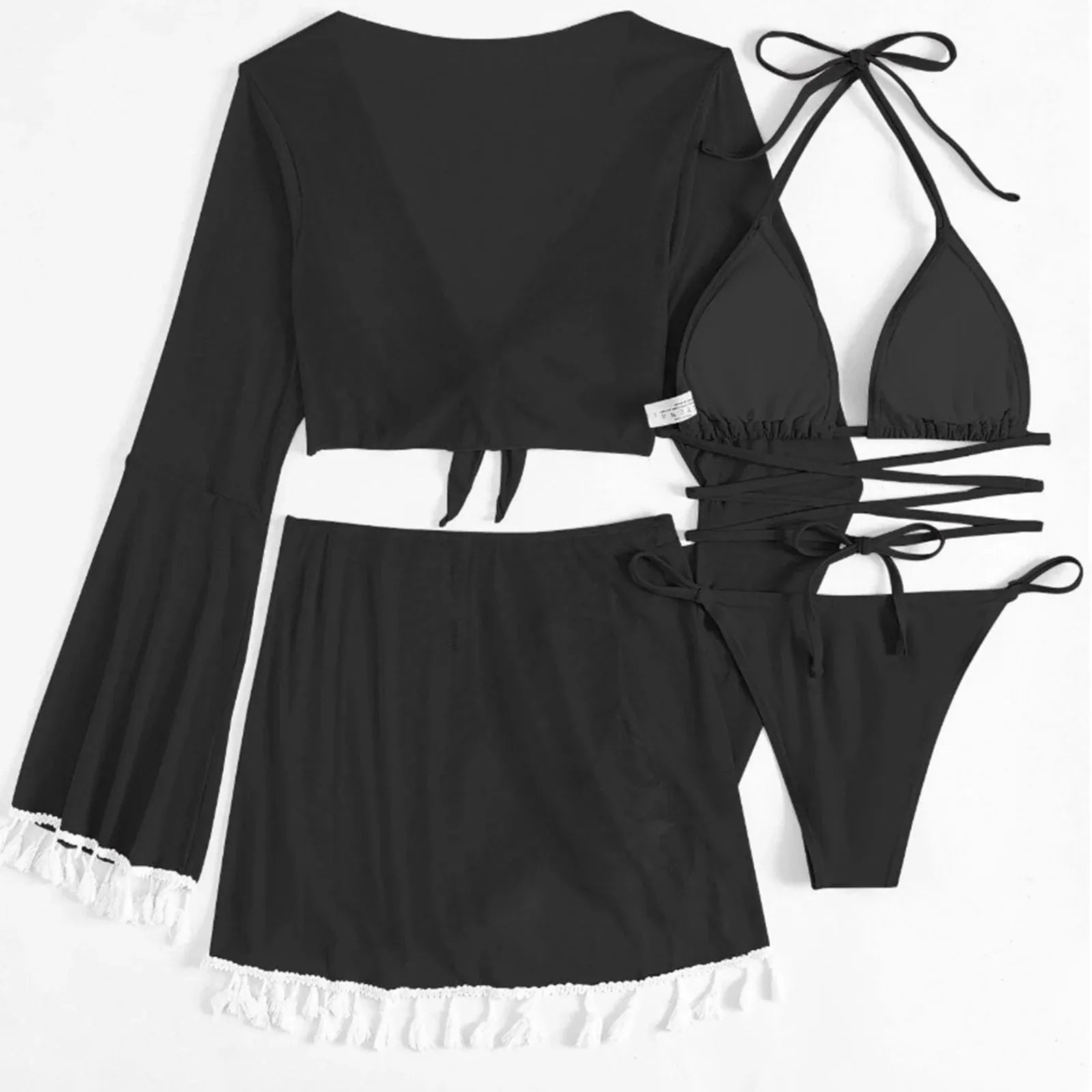 4 Piece Black Womens Bikini Swimsuit Set, Solid Bandage Push Up Padded Beachwear, Size S