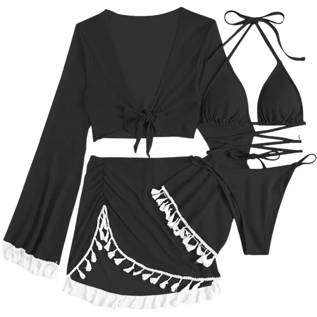 4 Piece Black Womens Bikini Swimsuit Set, Solid Bandage Push Up Padded Beachwear, Size S