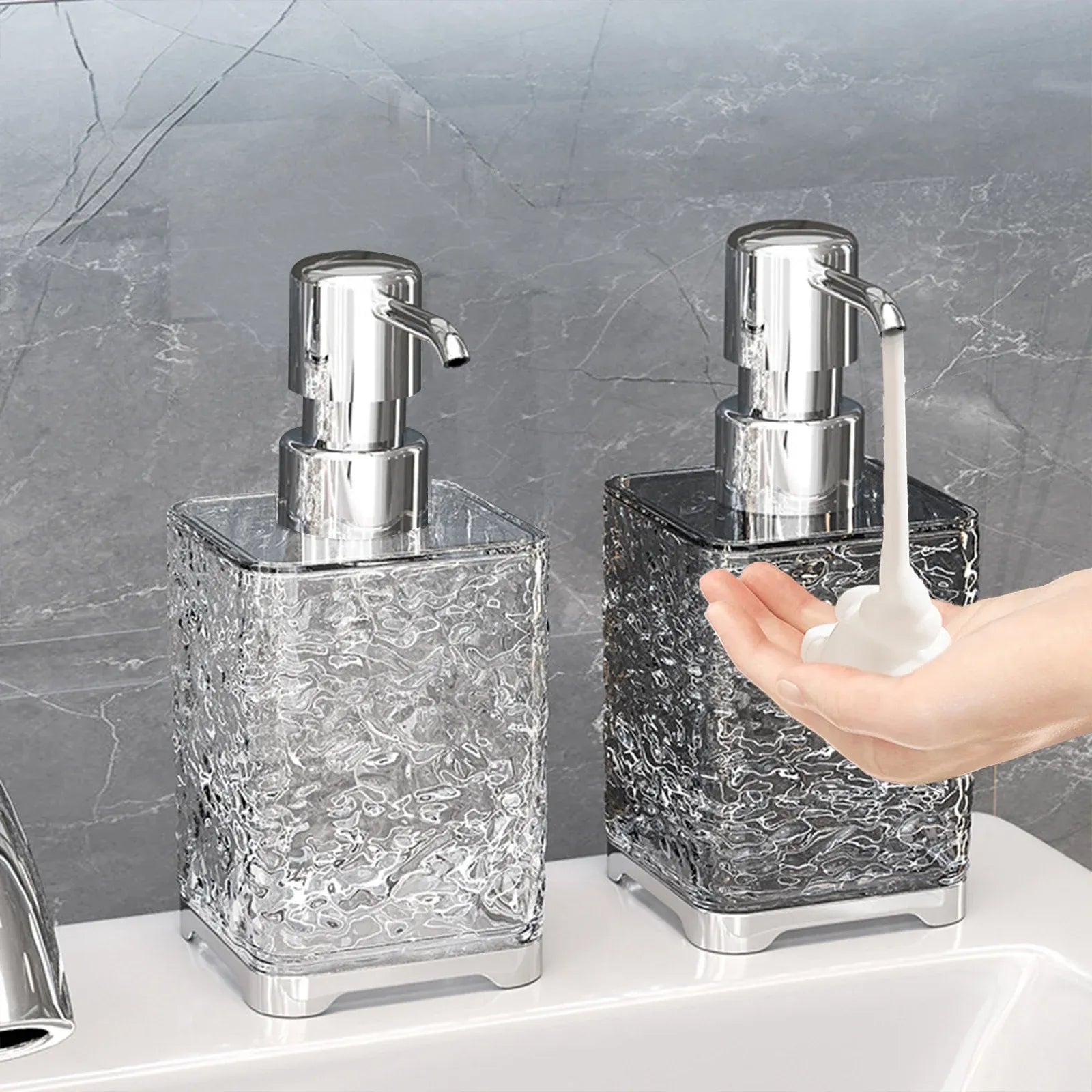 Clear Gray Foaming Soap Dispenser, Refillable Plastic Pump Bottle for Bathroom and Kitchen, 6.1 x 2.67 in