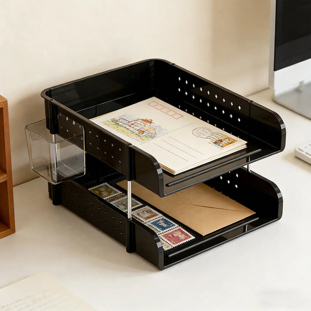 2 Tier Desktop File Organizer, Black Stackable Letter Tray and Office Supplies Holder for Home Office