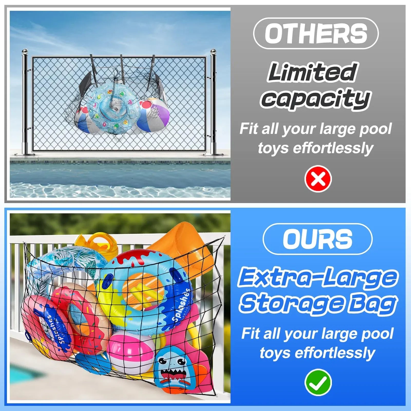 1 Pack Extra Large Pool Toy Float Storage Net, Heavy Duty Elastic Mesh Organizer for Poolside Fence Toys and Rafts, 71 x 47 in