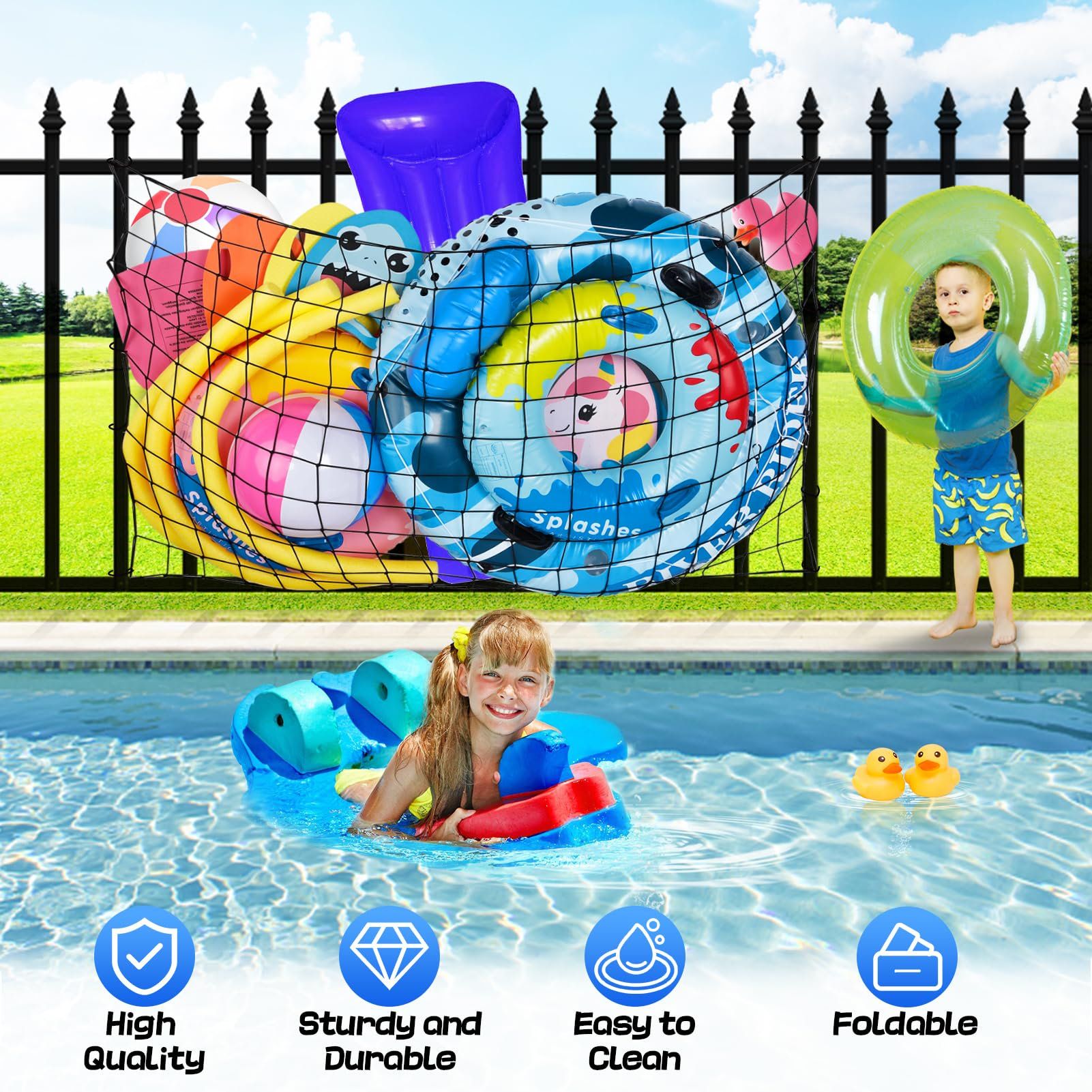 1 Pack Extra Large Pool Toy Float Storage Net, Heavy Duty Elastic Mesh Organizer for Poolside Fence Toys and Rafts, 71 x 47 in