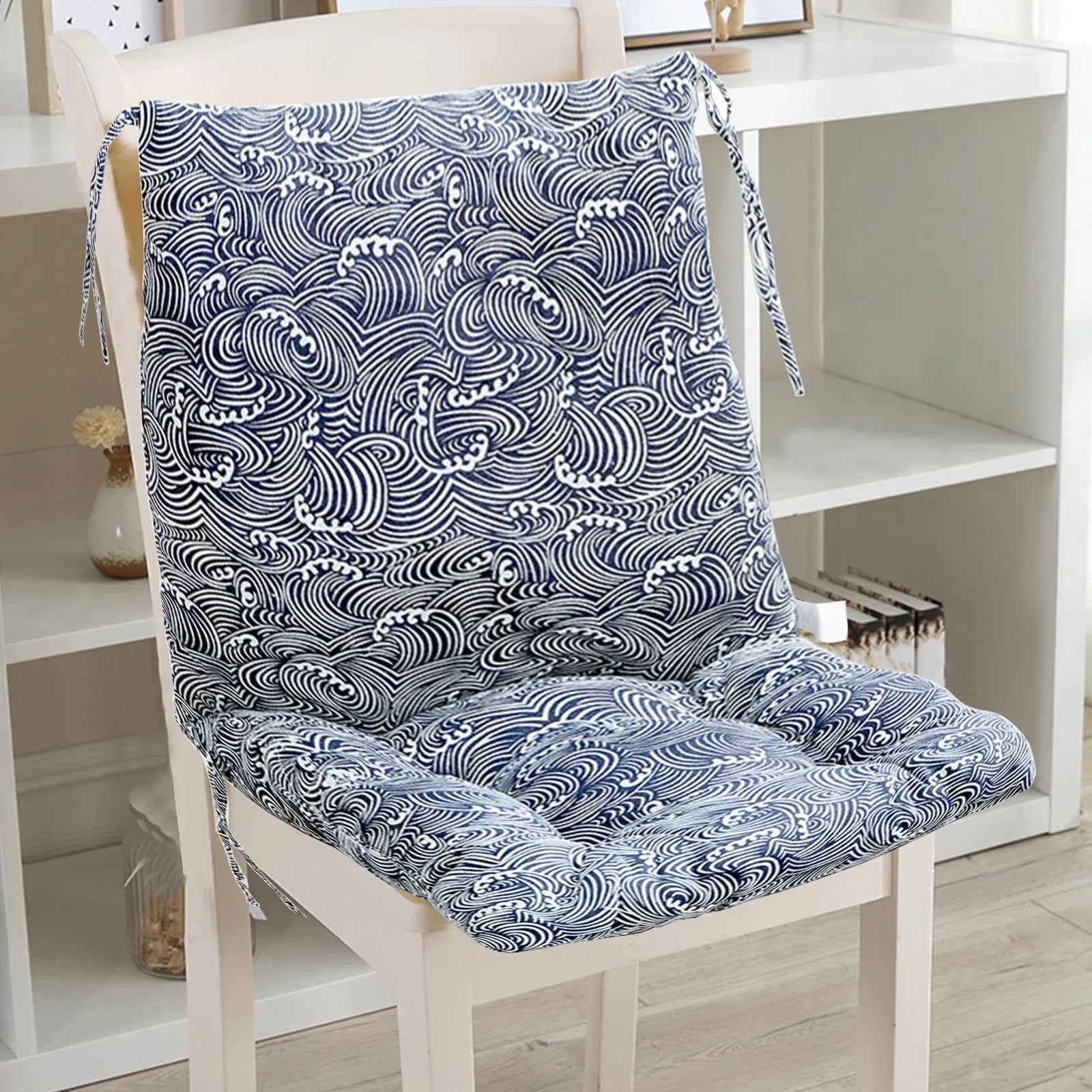 Blue High Back Chair Cushion, Rainproof All Weather Indoor Outdoor Rocking Chair Pad With Straps, 15.74 x 15.74 in