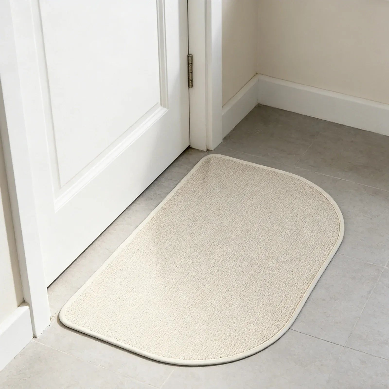 Beige Half Oval Linen Like Floor Mat, Anti Slip Door Mat for Entryway, 23.6 x 15.7 in