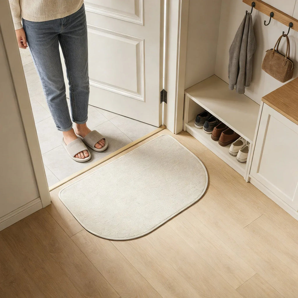Beige Half Oval Linen Like Floor Mat, Anti Slip Door Mat for Entryway, 23.6 x 15.7 in
