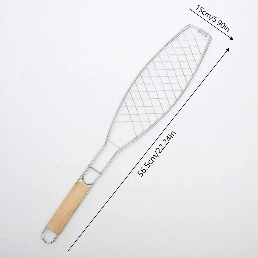 Stainless Steel Folding Fish Grill Basket With Wooden Handle, Non Stick BBQ Basket for Vegetables Fish Meat Steak Shrimp, 12.2 x 5.9 in