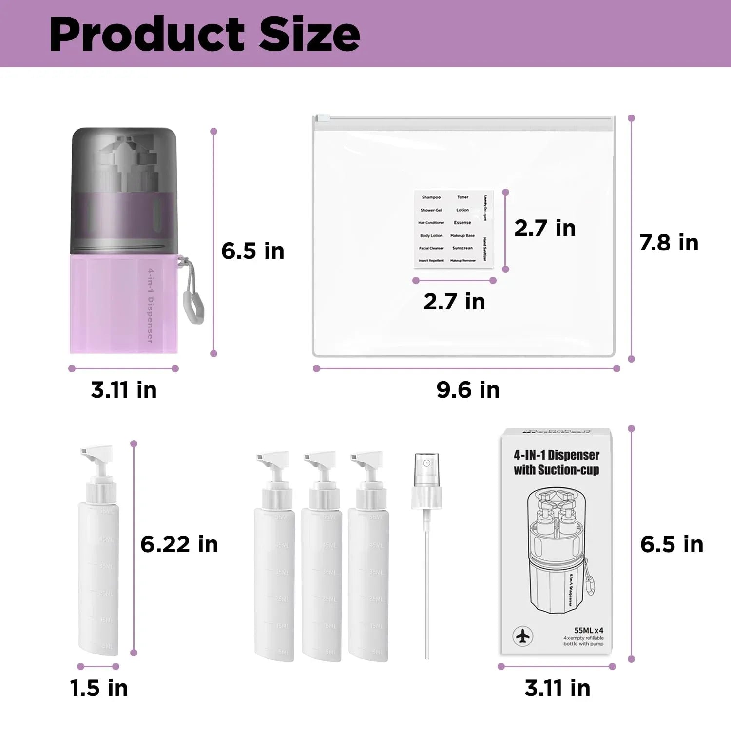 4 in 1 Travel Toiletry Containers, Refillable Travel Size Bottle Set With Suction Cup for Shampoo Conditioner Body Wash Lotion