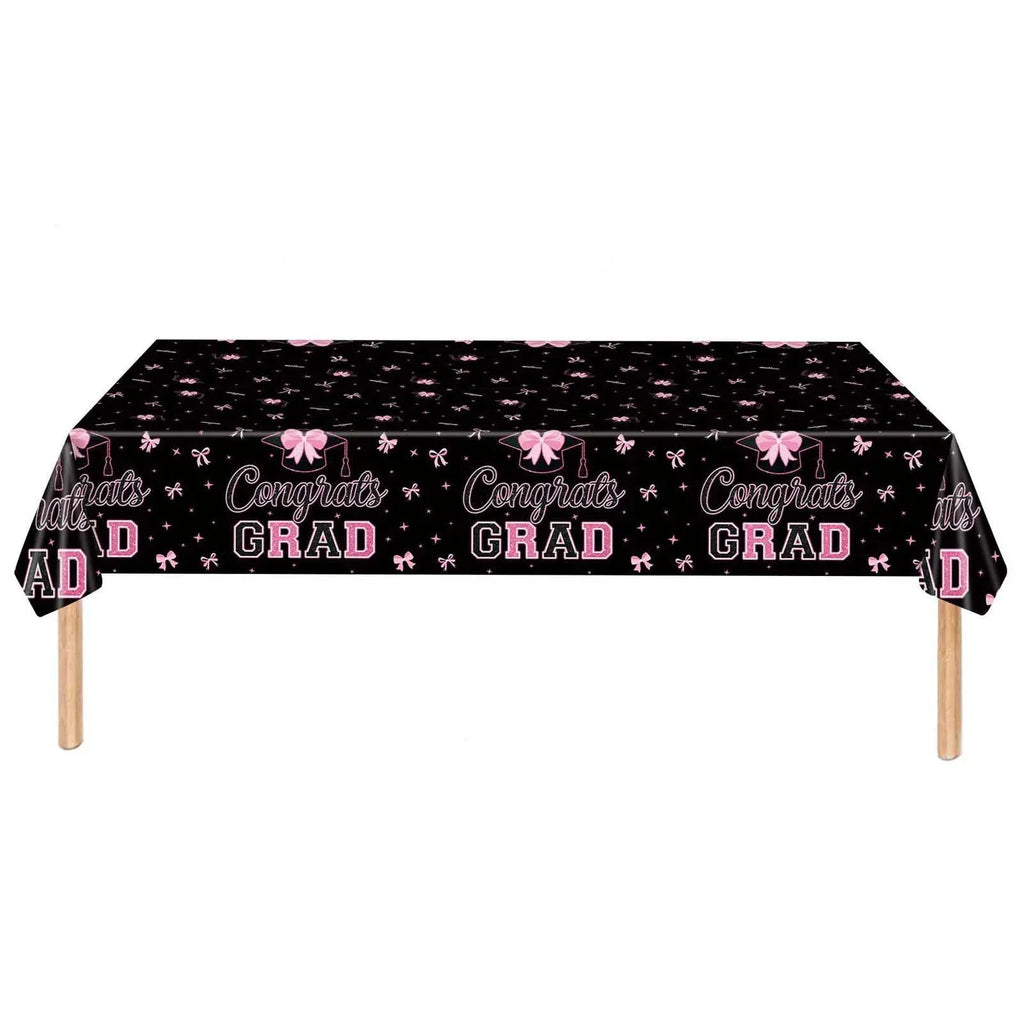 1 Pc Graduation 2026 Party Decoration Set, Pink Bow Decor Black Disposable Cups and Plastic Tablecloth, 54 x 108 in