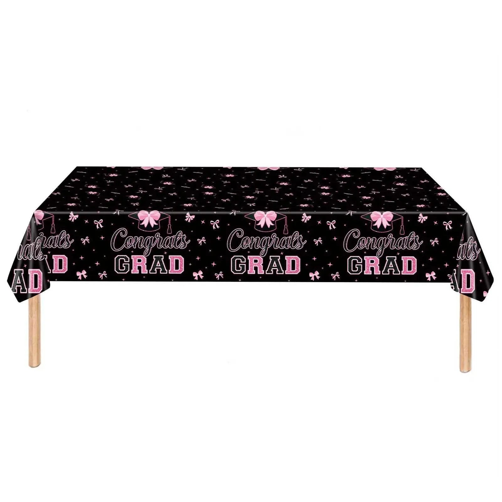 1 Pc Graduation 2026 Party Decoration Set, Pink Bow Decor Black Disposable Cups and Plastic Tablecloth, 54 x 108 in