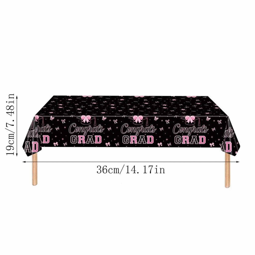 1 Pc Graduation 2026 Party Decoration Set, Pink Bow Decor Black Disposable Cups and Plastic Tablecloth, 54 x 108 in