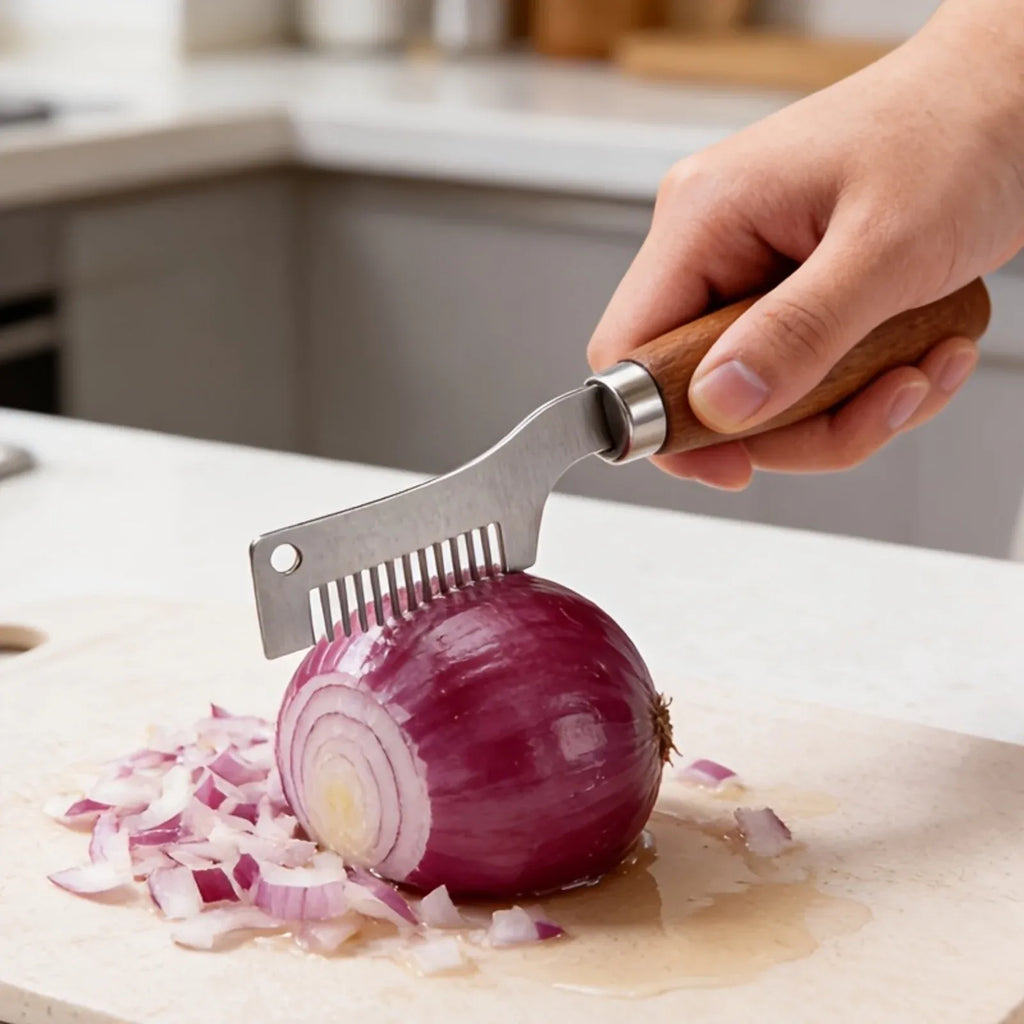 1 Pc Silver Brown Handheld Vegetable Shredder, Stainless Steel Onion Cutter Chopper With Wooden Handle, 8 in Cutting Head