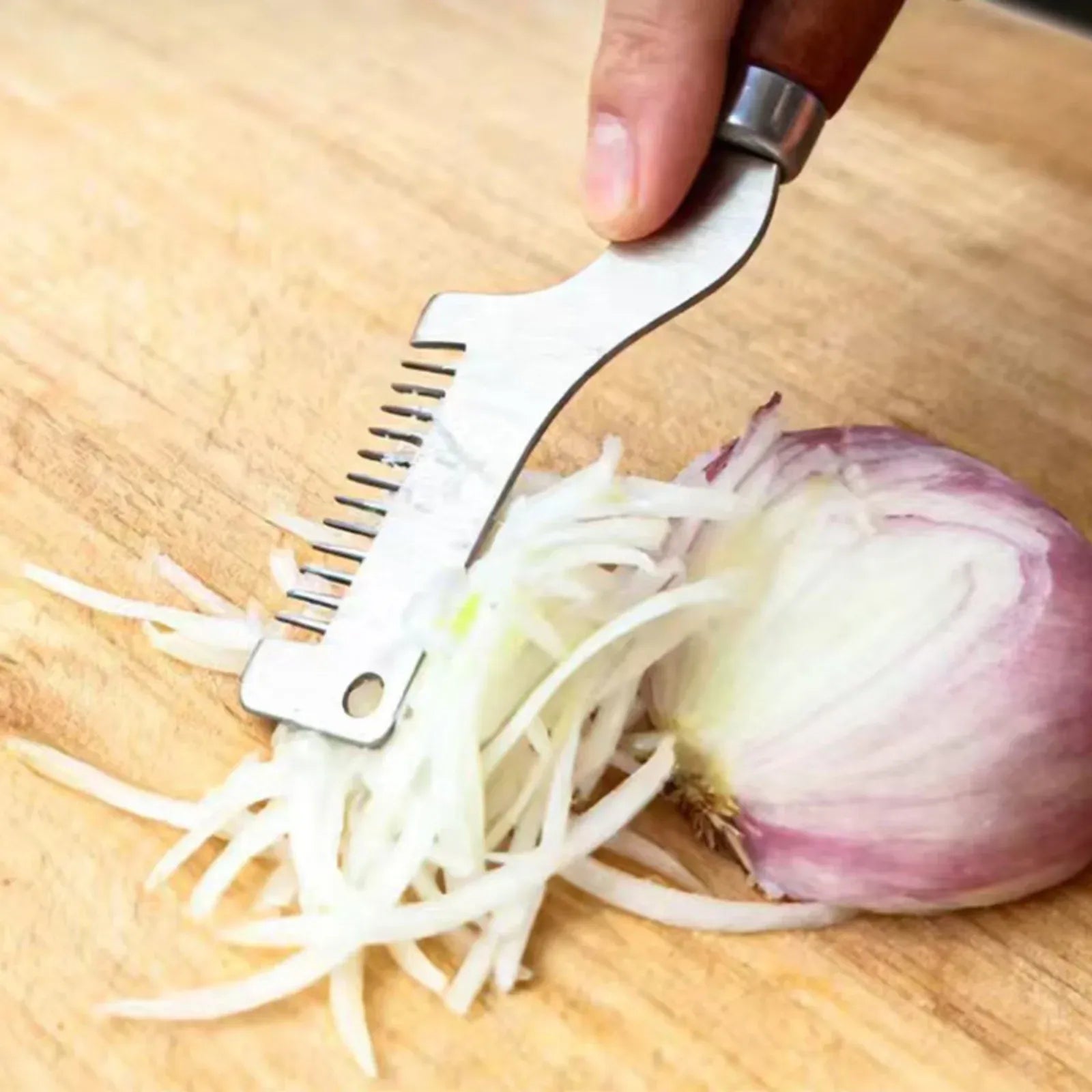 1 Pc Silver Brown Handheld Vegetable Shredder, Stainless Steel Onion Cutter Chopper With Wooden Handle, 8 in Cutting Head