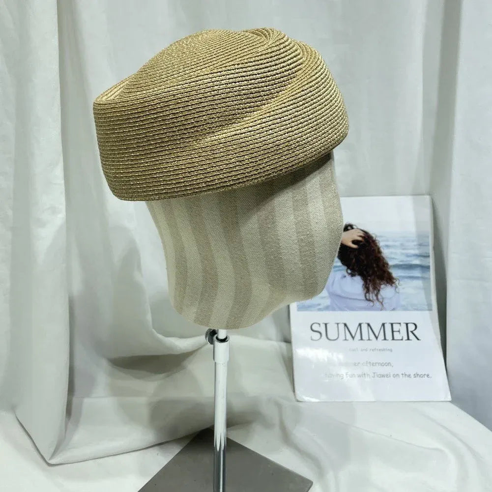 Womens Straw Beret Hat, Vintage French Artist Cap for Church Derby Party Summer Vacation