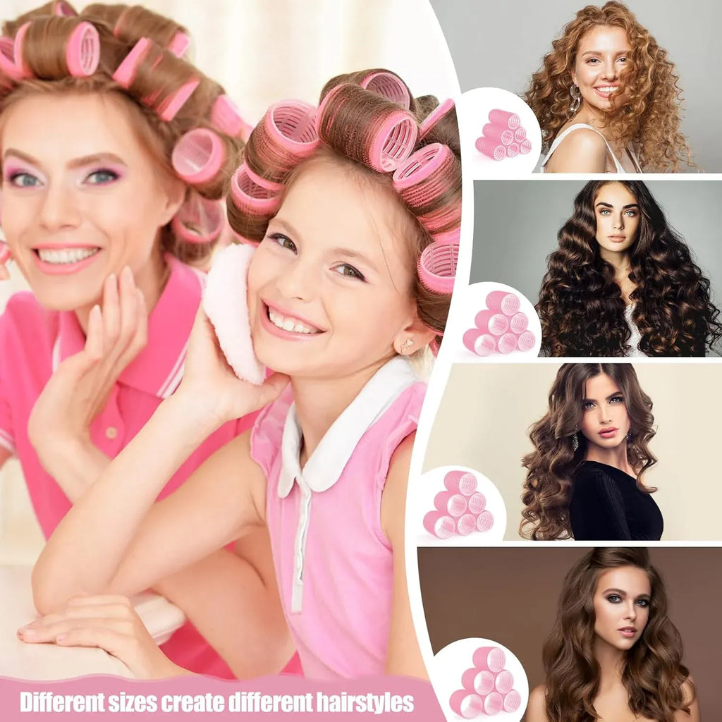 50 Pcs Pink Self Grip Hair Rollers Set With Clips for Long Short Hair and Bangs, 25 mm, 36 mm, 48 mm, 60 mm