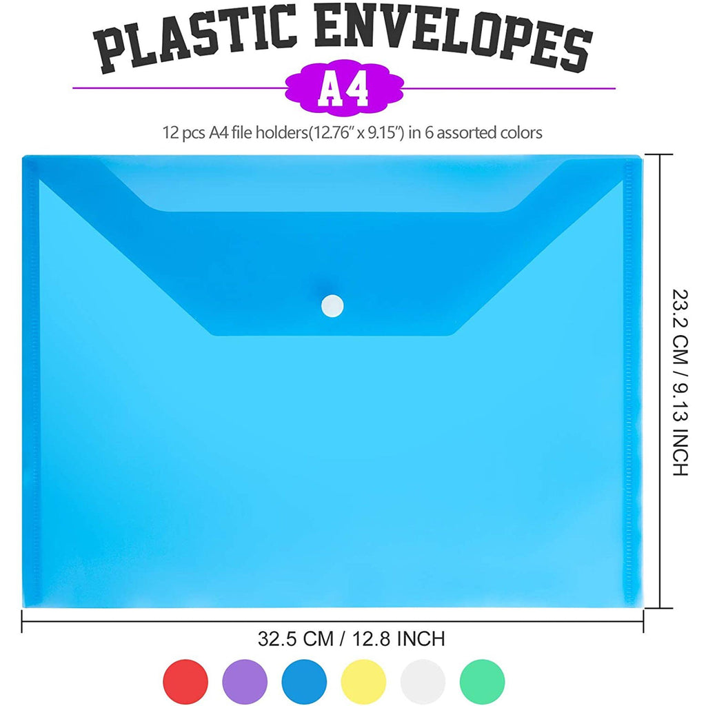 12 Pcs Plastic Document Folders With Snap Closure, Plastic Envelopes, A4