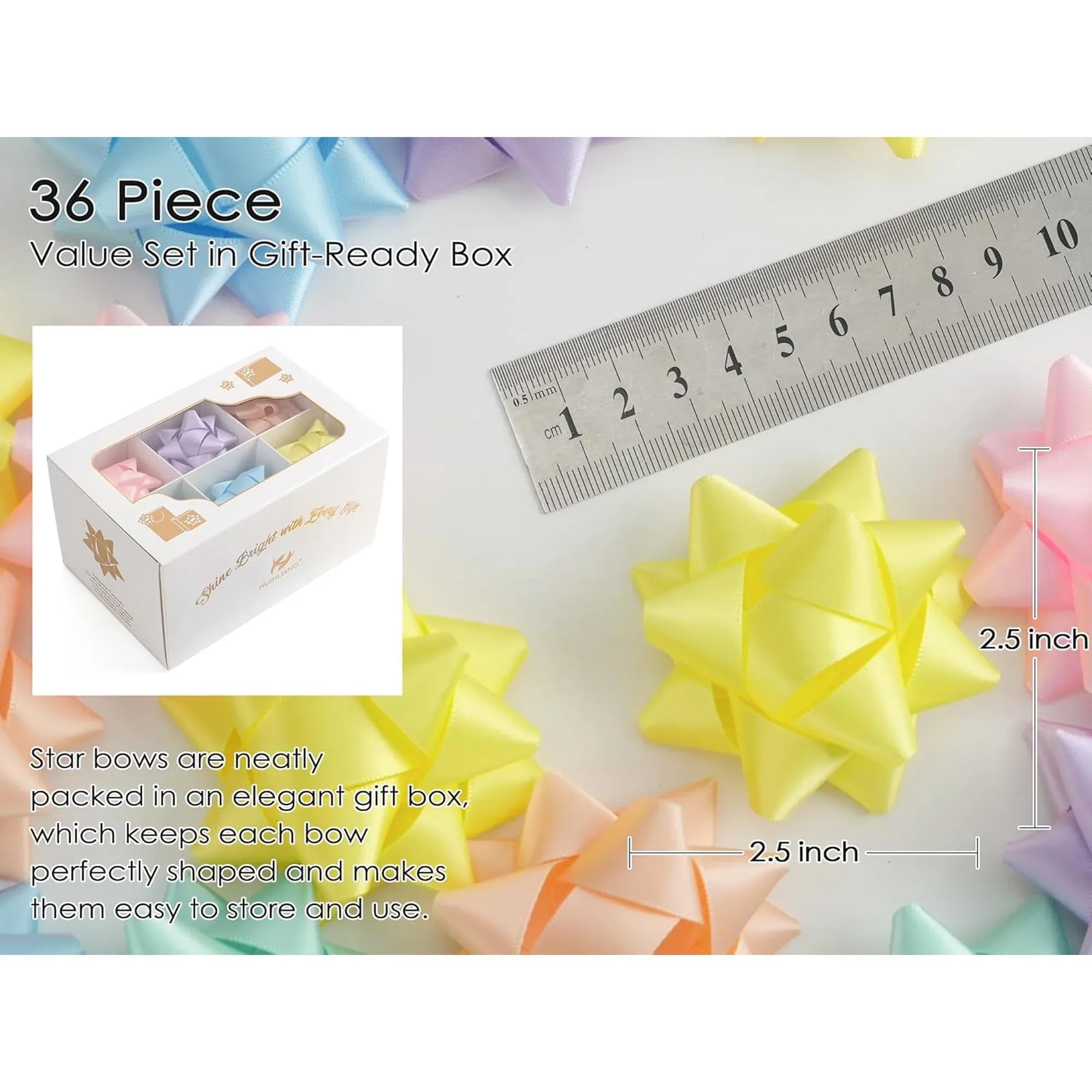 36 Pcs Pastel Satin Star Gift Bows, Self Adhesive Rainbow Bows for Gift Wrapping Crafts Baby Showers Easter Parties, 6 Colors, 2.5 in