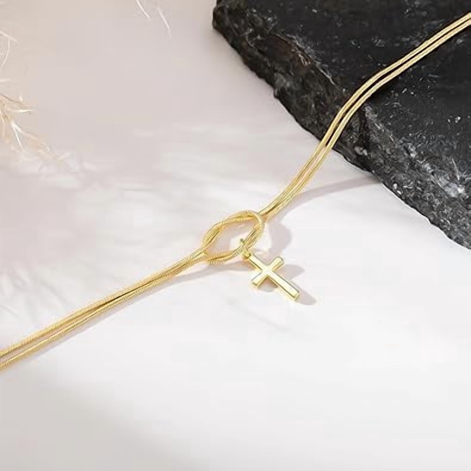 Cross Bracelet for Women, Dainty 14K Gold Plated or Silver Plated Pearl Knot Chain Religious Charm Jewelry