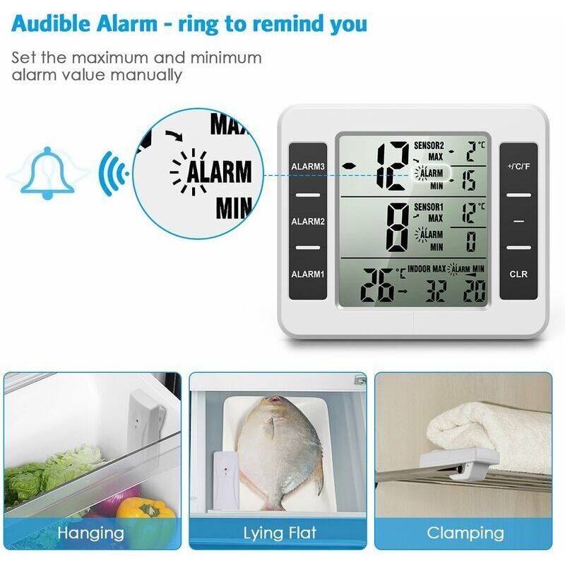Amir Refrigerator Thermometer, Wireless Indoor Outdoor Thermometer, Temperature Sensor with Audible Alarm, Temperature Gauge for Freezer, Kitchen