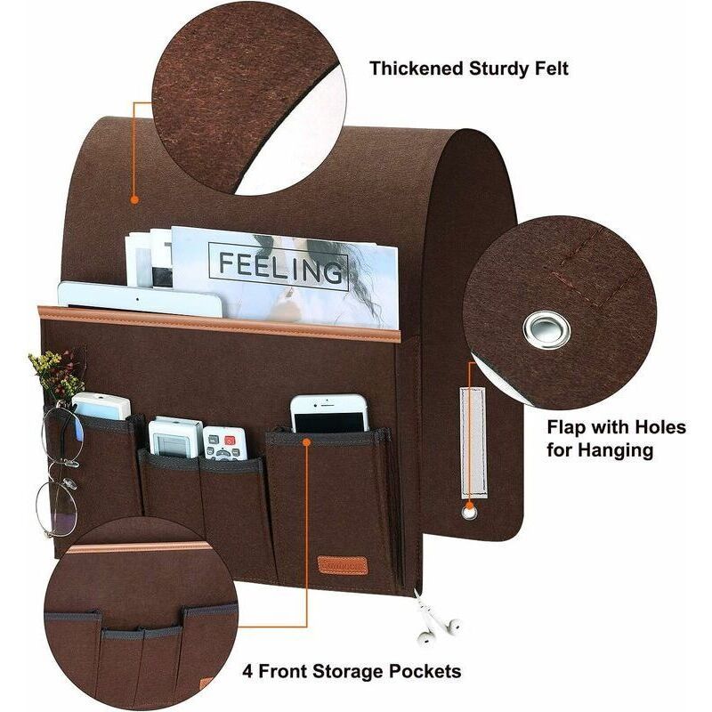 Sofa Armrest Organizer, Storage Chair Bag with 5 Pockets, Chair Cover for Remote Control, iPad, Magazine, Glasses, Brown