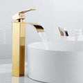 Waterfall Basin Tap, Flat Spout Sink Mixer Tap, Hot and Cold Water Available Bathroom Tap, Modern Chrome Style, Top, Gold, 750G