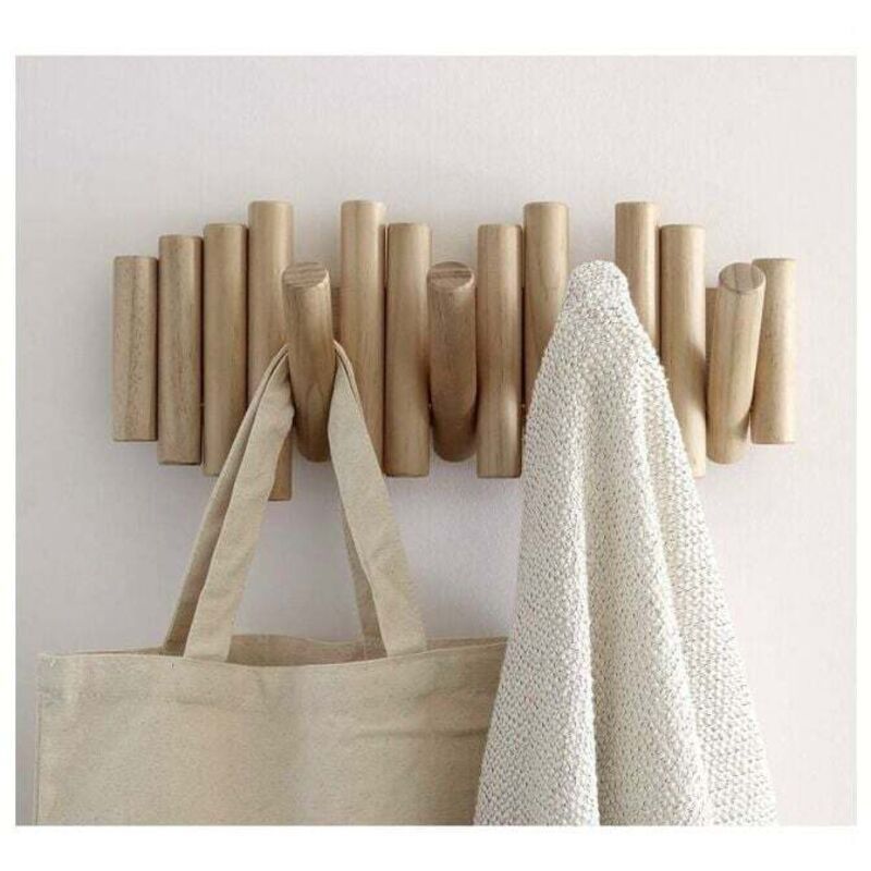 Wall-Mounted Coat Rack with 5 Hooks, Made of Natural Wood, 37.1 x 16.5 x 4.4 cm