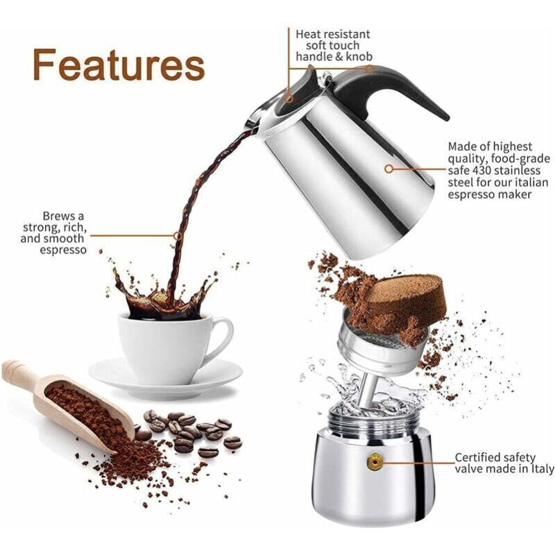 Italian Coffee Maker, 2 Cup Stainless Steel Compatible with All Stovetops, 100 ml