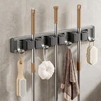 Aluminum Wall Mounted Broom Holder, No Drilling, Adhesive Holder with Hook, Storage, Tool Holder for Kitchen, Garage, Garden, Bathroom, Grey
