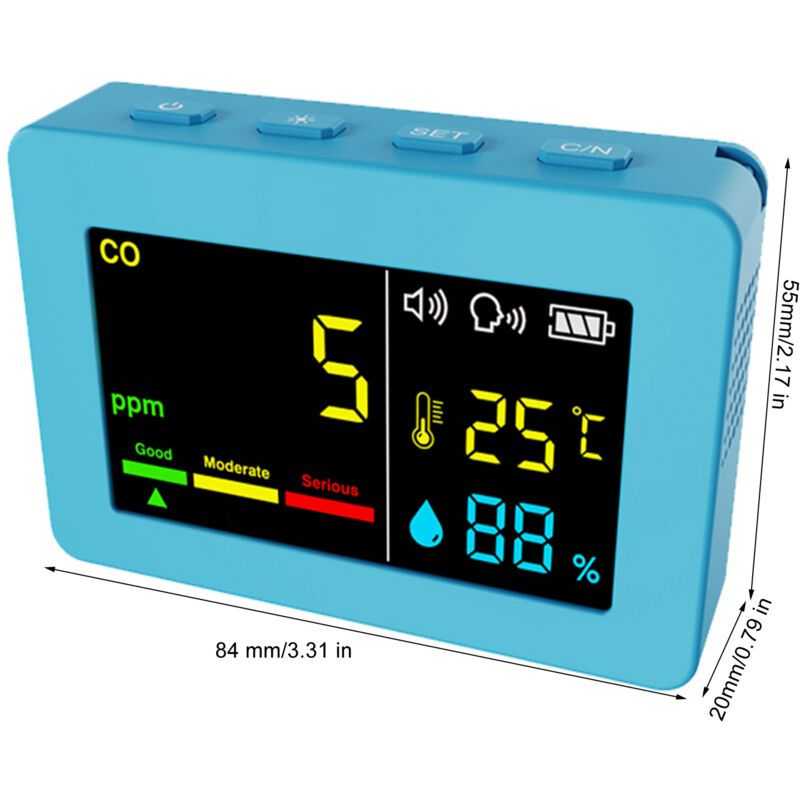 3-in-1 Portable Air Quality Meter, CO, Temperature and Humidity, Color Screen, Carbon Monoxide Detector with Voice Alarm and Battery Display