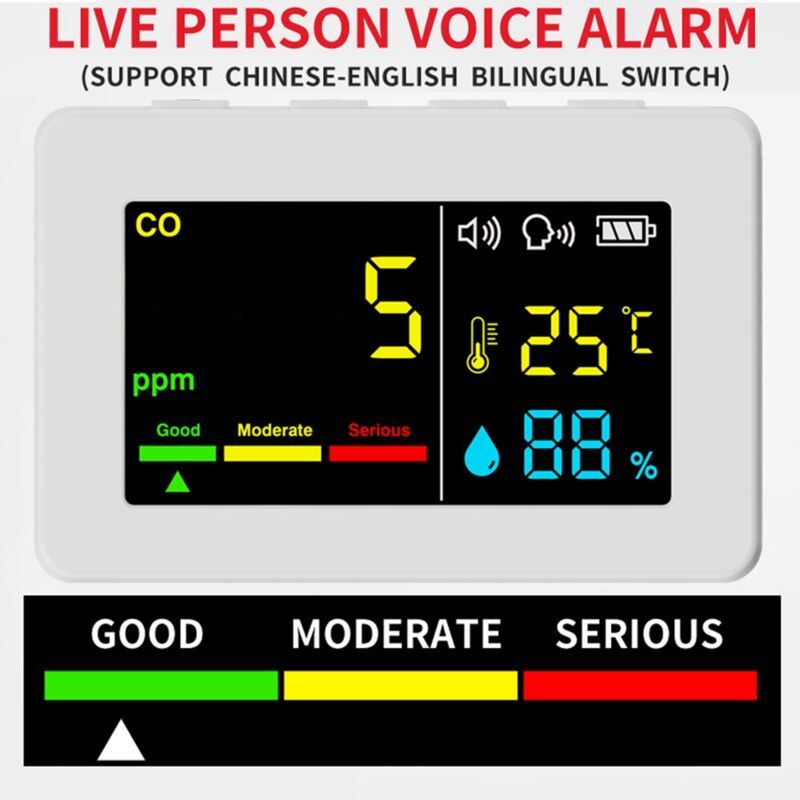 3-in-1 Portable Air Quality Meter, CO, Temperature and Humidity, Color Screen, Carbon Monoxide Detector with Voice Alarm and Battery Display