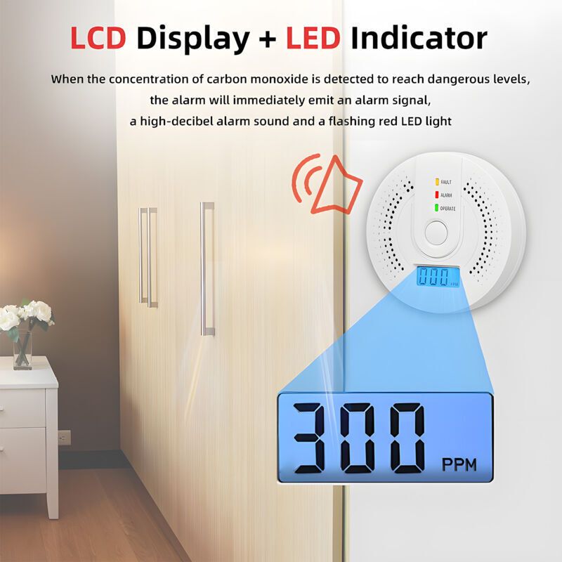 2 Pack Carbon Monoxide Detector Battery Operated with Digital LCD Display for Home Kitchen Restaurant Hotel Office, Batteries Not Included
