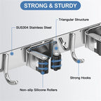 Wall Mounted Broom Holder, Stainless Steel Broom Holder, Storage Hanger Rack for Kitchen, Laundry Room, Garage Organization, 5 Slots and 4 Hooks