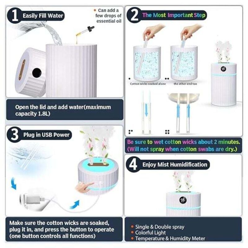 Air Humidifier, Silent Ultrasonic Humidifier with Thermo-Hygrometer, Dual Nozzle, 36 Hours of Operation Time, Automatic Shut-Off, 7 LEDs, 2 L
