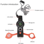 7 in 1 Emergency Survival Whistle, LED Thermometer, Compass, Multi-Function Whistle for Hiking, Climbing, Orange