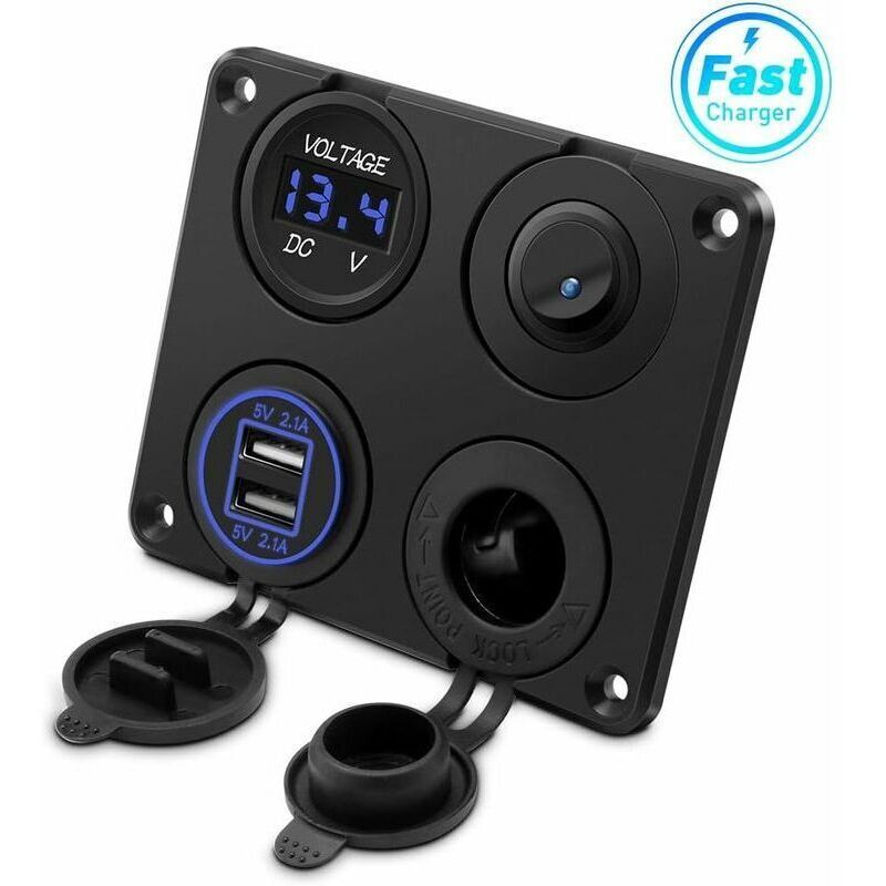 Cigarette Lighter Socket, Dual USB Port 4.2A, DC 12V Outlet, Switch and LED Display Voltmeter Waterproof Car Charger Power Outlet for 12V 24V Car