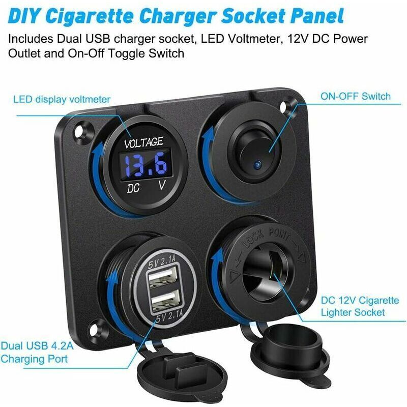 Cigarette Lighter Socket, Dual USB Port 4.2A, DC 12V Outlet, Switch and LED Display Voltmeter Waterproof Car Charger Power Outlet for 12V 24V Car