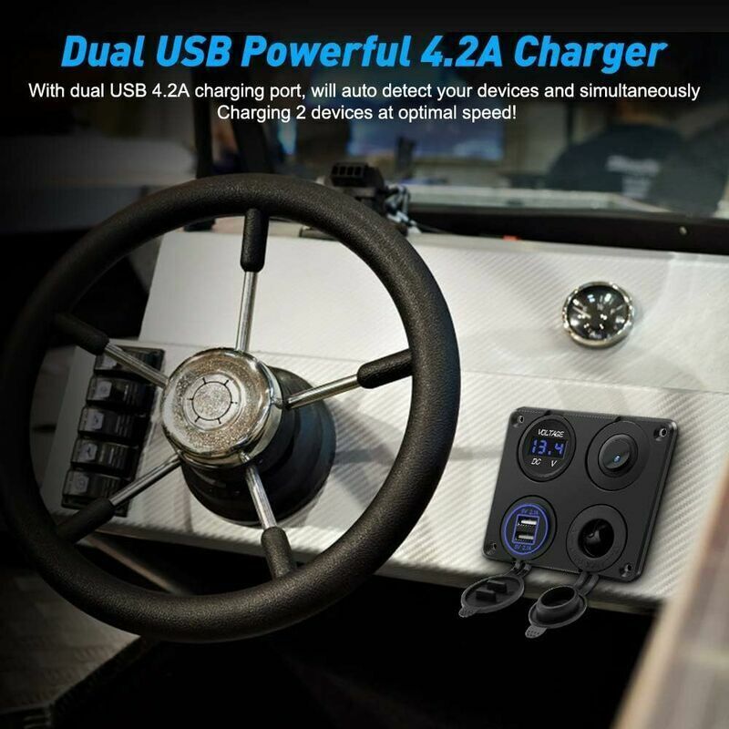Cigarette Lighter Socket, Dual USB Port 4.2A, DC 12V Outlet, Switch and LED Display Voltmeter Waterproof Car Charger Power Outlet for 12V 24V Car